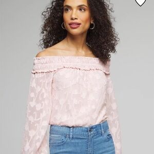 White House Black Market pink jacquard blouse.